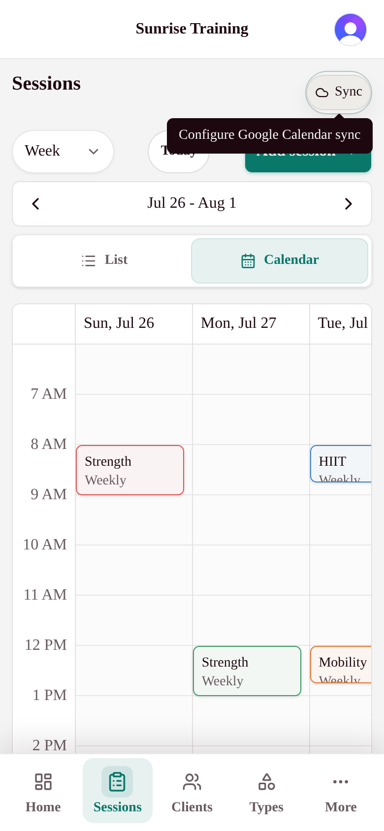 My Studio Keep sessions calendar with recurring client bookings
