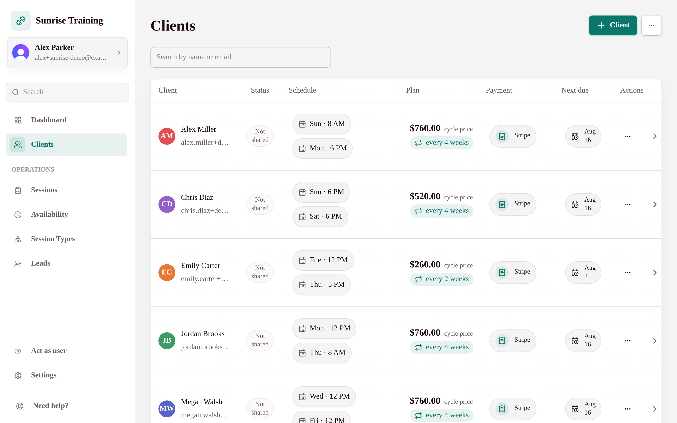 My Studio Keep client list with schedules and payment status