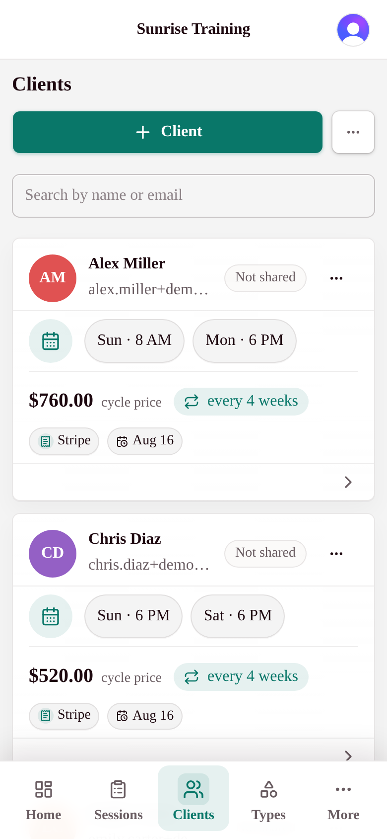 My Studio Keep client list with schedules and payment status