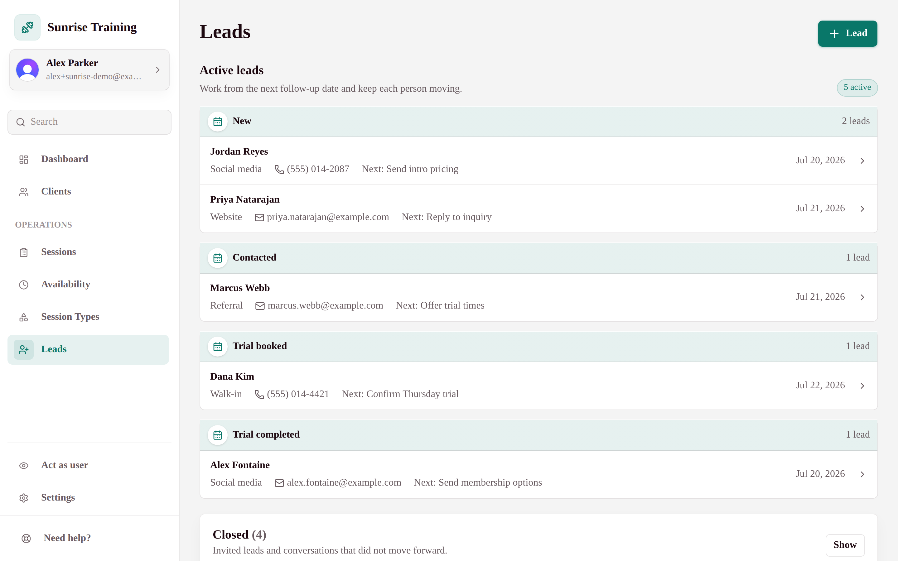 Leads pipeline with prospects grouped by stage