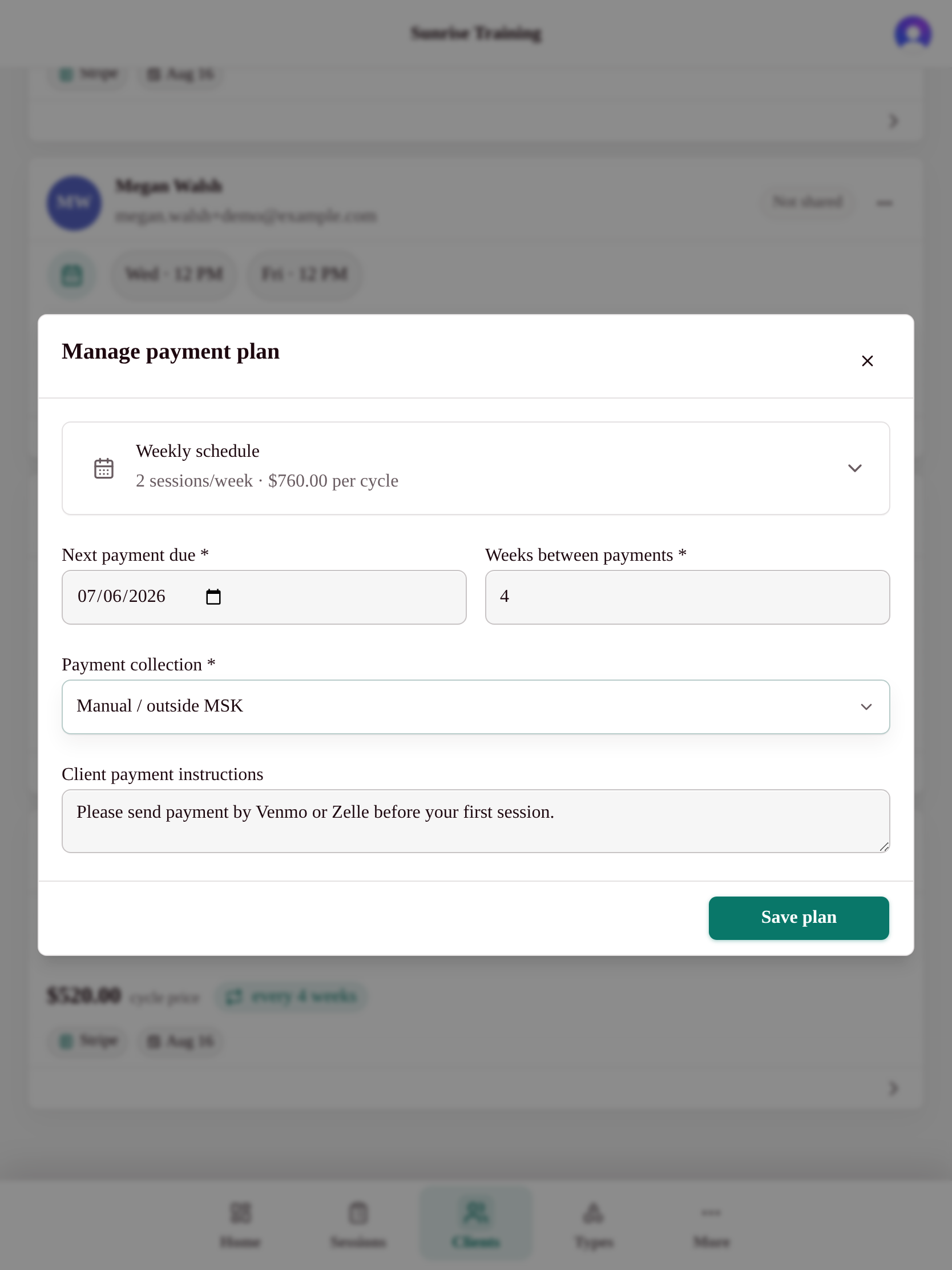 My Studio Keep manage payment plan dialog