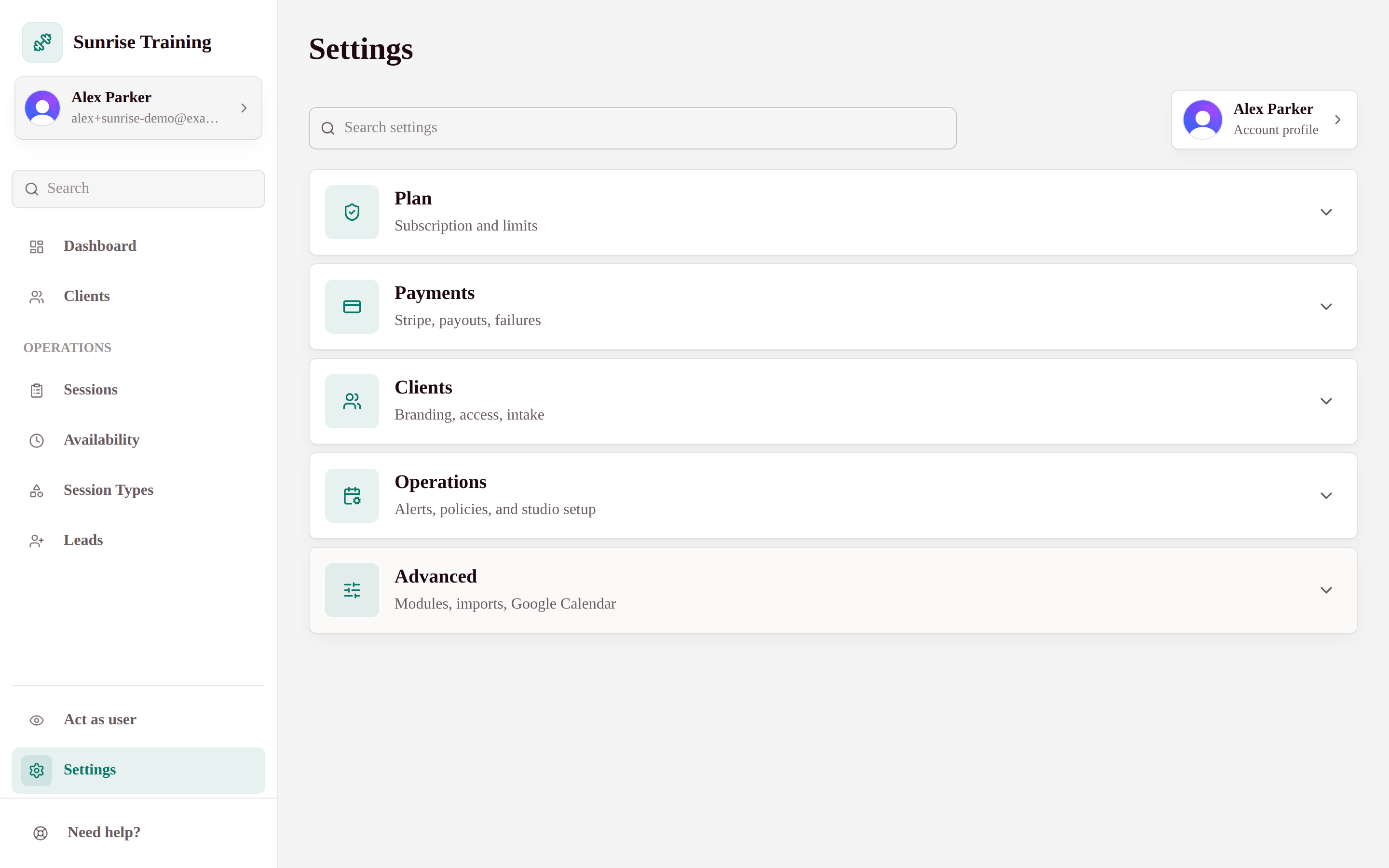 My Studio Keep studio settings page